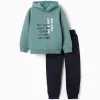 Brushed sweatshirt and joggers set with print for boys, blue-green/blue