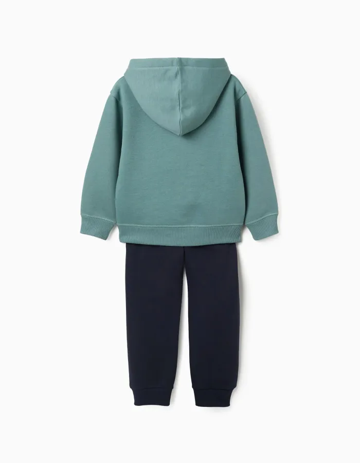 Brushed sweatshirt and joggers set with print for boys, blue-green/blue
