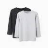Pack of 2 Long Sleeve Cotton T-shirts for Kids, Grey/Black