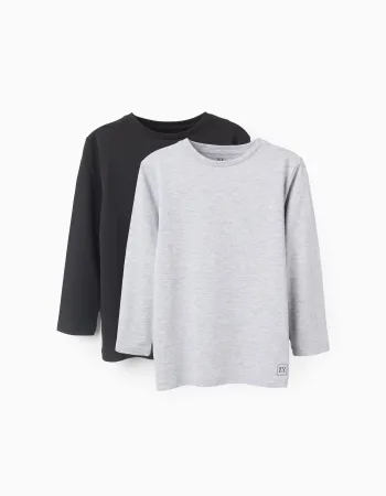 Pack of 2 Long Sleeve Cotton T-shirts for Kids, Grey/Black