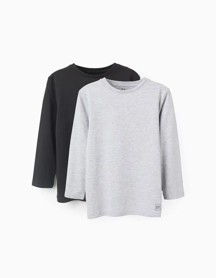 Pack of 2 Long Sleeve Cotton T-shirts for Kids, Grey/Black