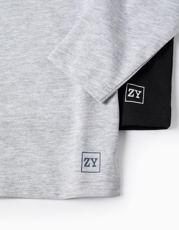 Pack of 2 Long Sleeve Cotton T-shirts for Kids, Grey/Black