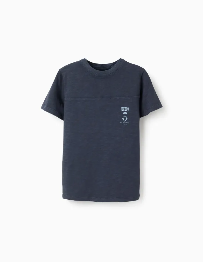 Cotton T-shirt with 'Hotel Staff' Print for Boys, Dark Blue