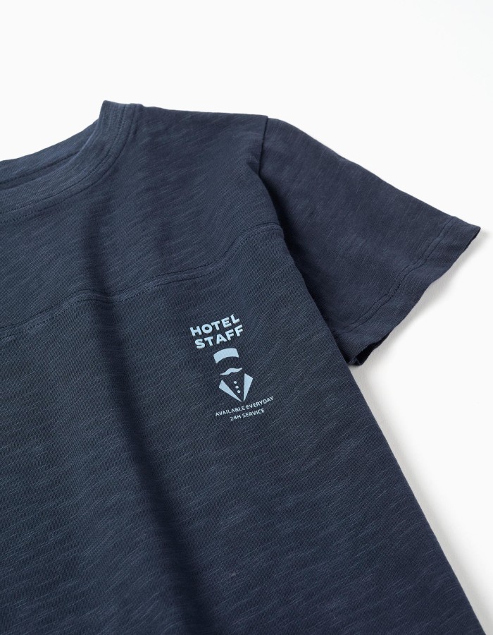 Cotton T-shirt with 'Hotel Staff' Print for Boys, Dark Blue
