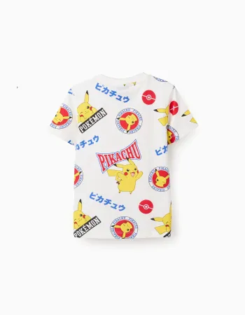 Cotton T-shirt with Print for Boys 'Pikachu', White
