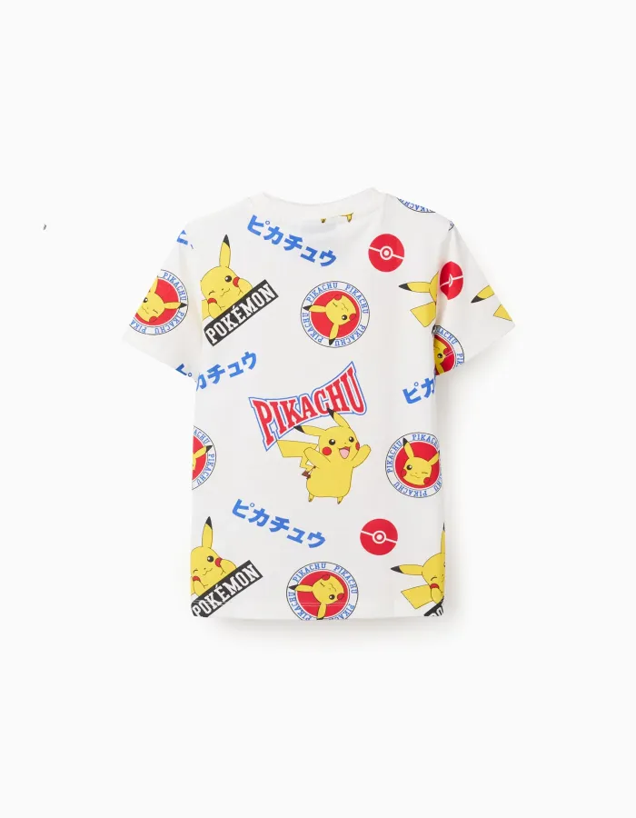 Cotton T-shirt with Print for Boys 'Pikachu', White