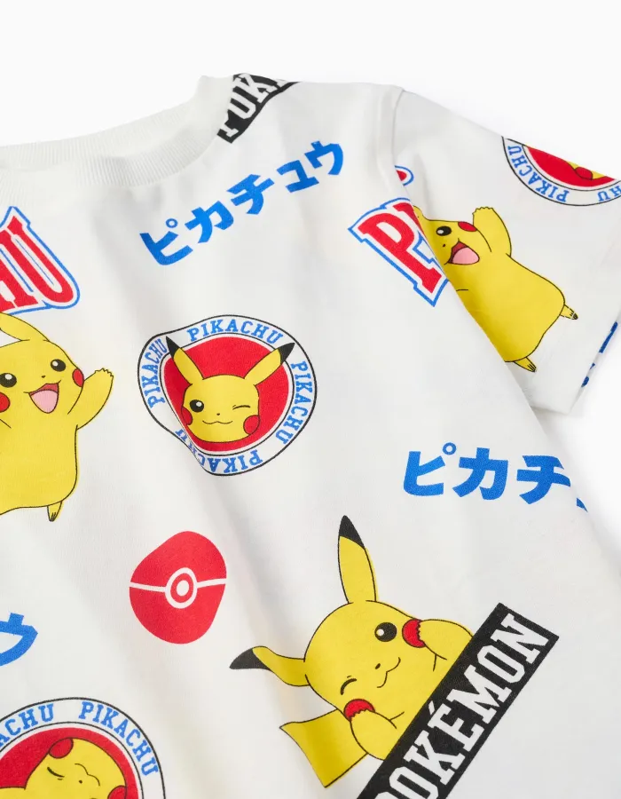 Cotton T-shirt with Print for Boys 'Pikachu', White