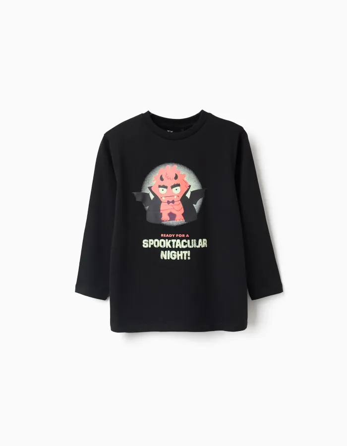 Cotton long sleeve T-shirt with glow-in-the-dark print for boys, black