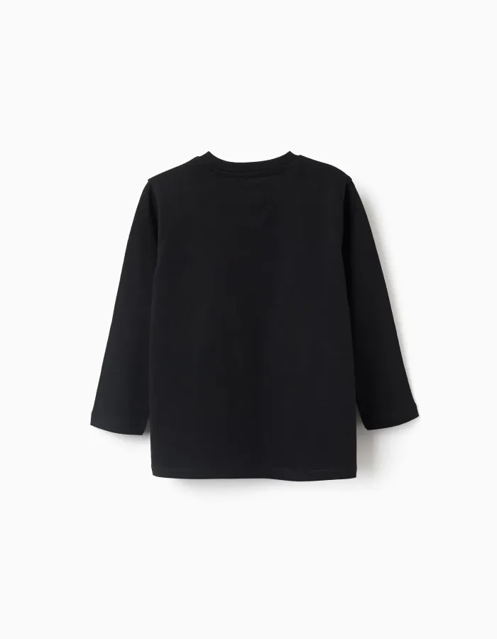 Cotton long sleeve T-shirt with glow-in-the-dark print for boys, black