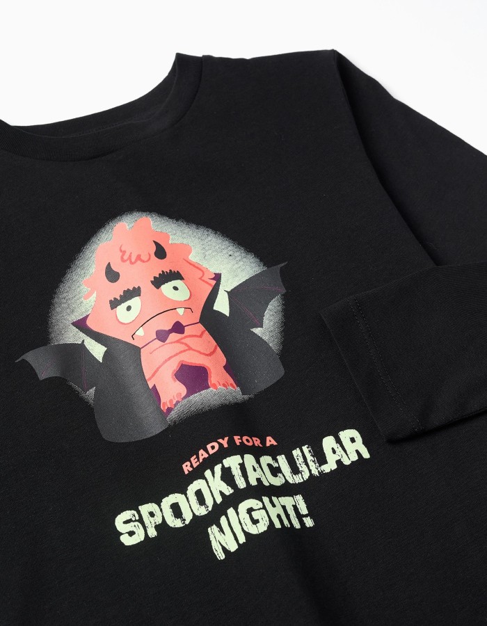 Cotton long sleeve T-shirt with glow-in-the-dark print for boys, black