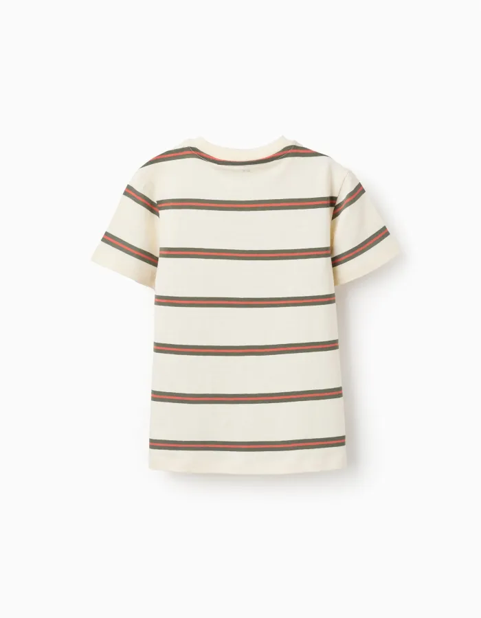 Striped cotton T-shirt for boys, beige/orange/green