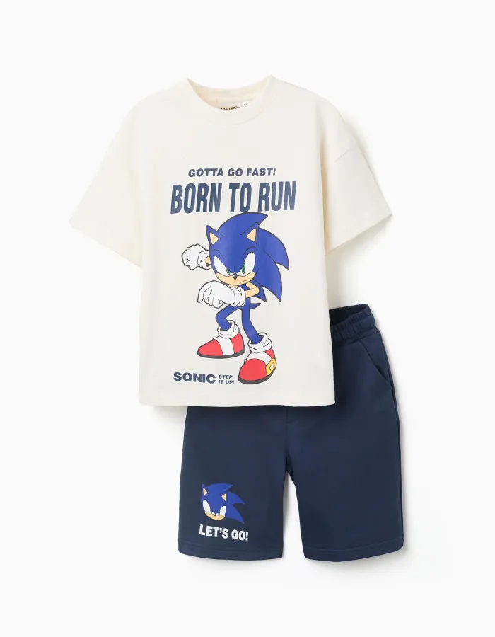 Cotton T-shirt and shorts with a Sonic print for boys, white/blue