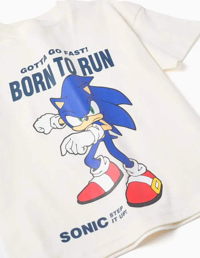 Cotton T-shirt and shorts with a Sonic print for boys, white/blue