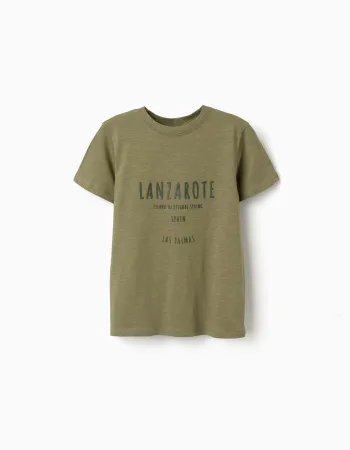 Cotton T-shirt with Lanzarote embossed print for boys, dark green
