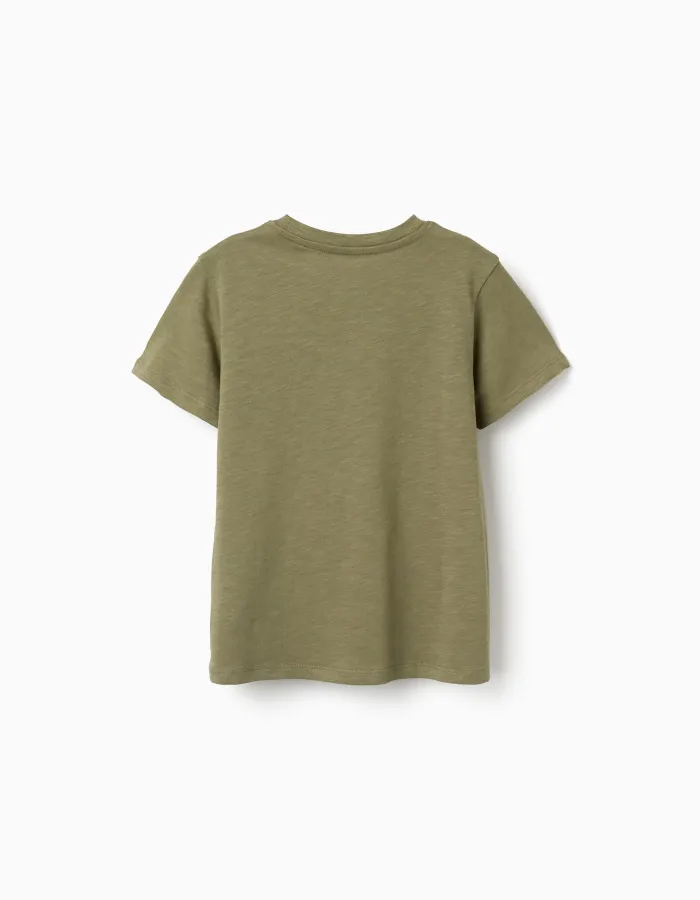 Cotton T-shirt with Lanzarote embossed print for boys, dark green
