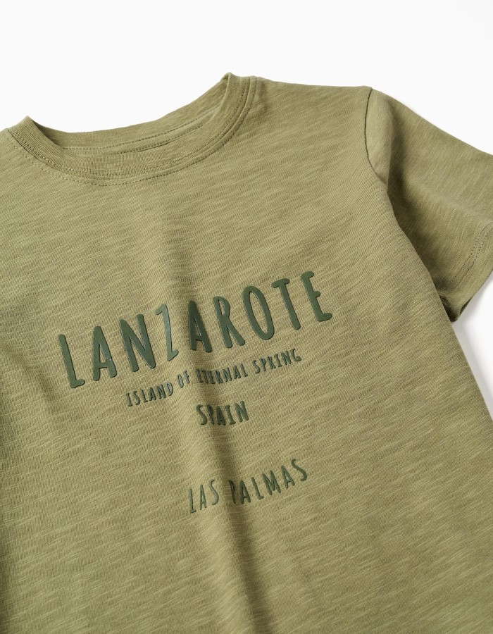 Cotton T-shirt with Lanzarote embossed print for boys, dark green