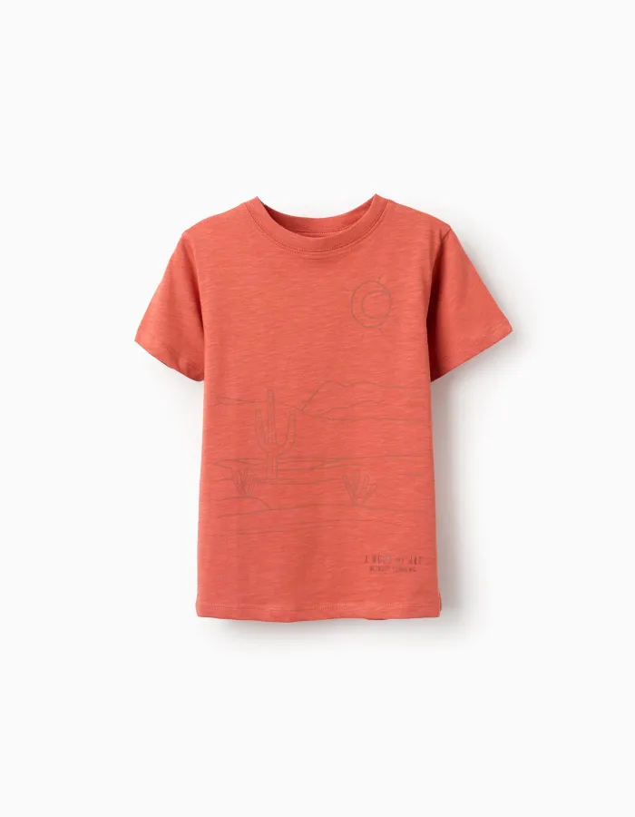 Cotton T-shirt with Work of Art print for boys, orange