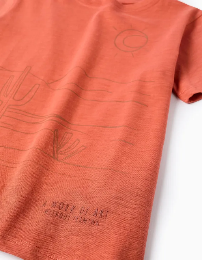 Cotton T-shirt with Work of Art print for boys, orange