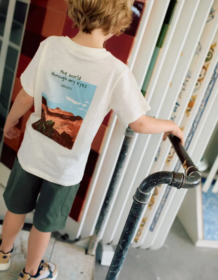 Cotton T-shirt with Lanzarote prints for boys, light beige