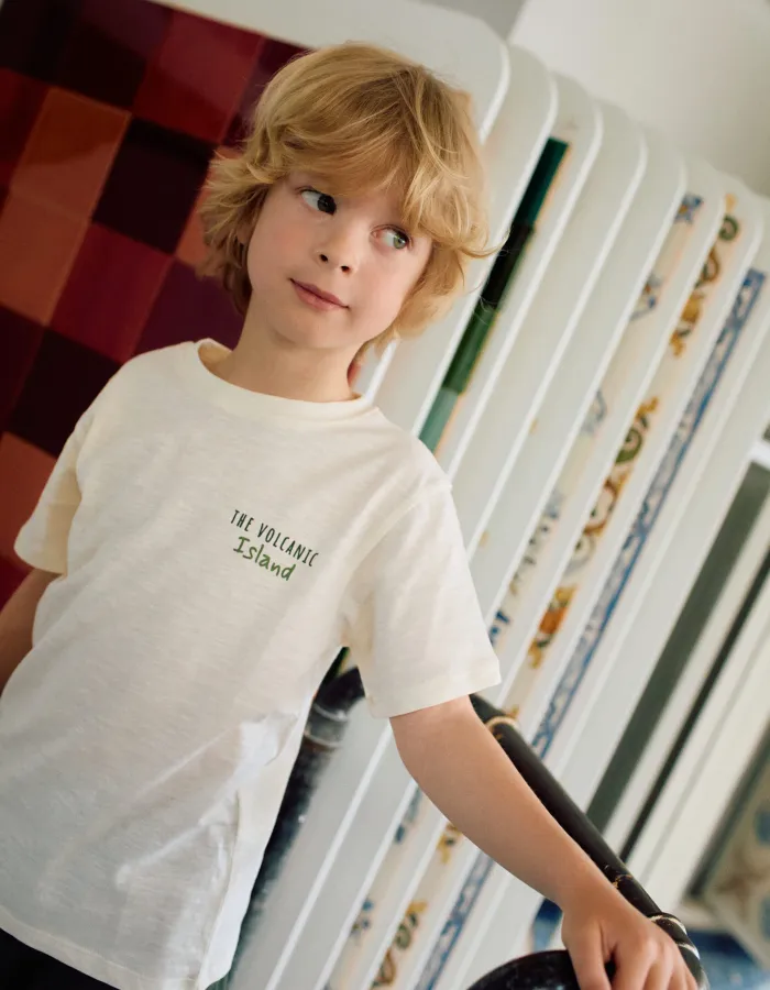 Cotton T-shirt with Lanzarote prints for boys, light beige