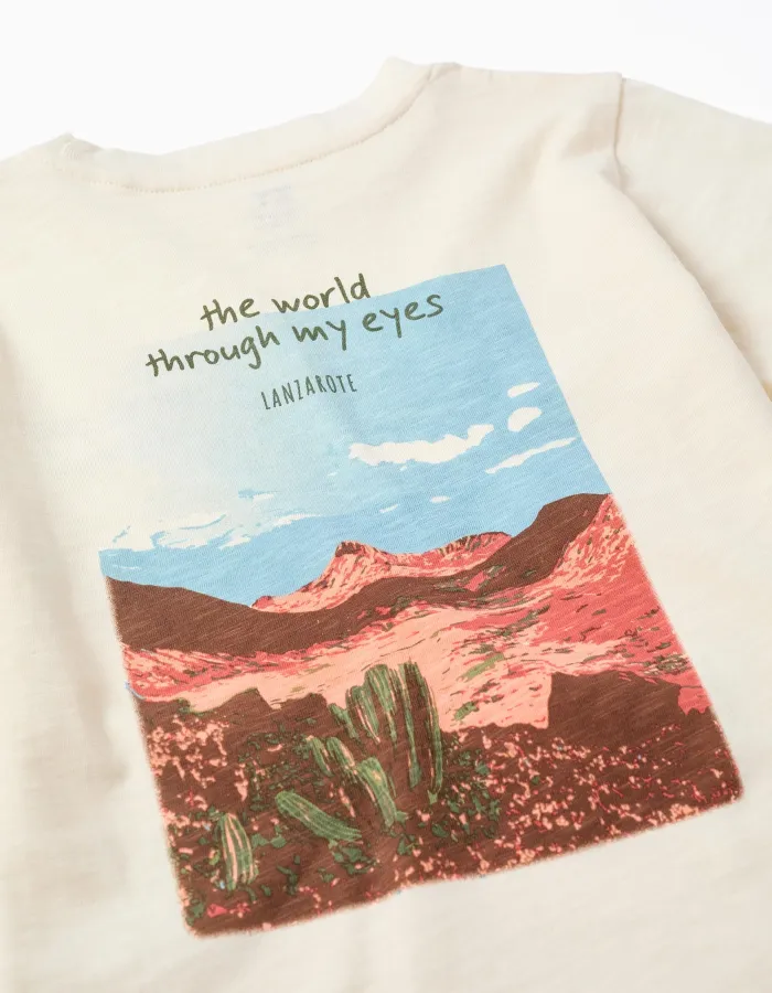 Cotton T-shirt with Lanzarote prints for boys, light beige