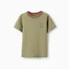 Cotton T-shirt with Cactus Garden embroidery for boys, dark green