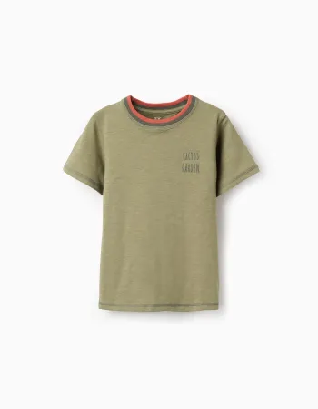 Cotton T-shirt with Cactus Garden embroidery for boys, dark green