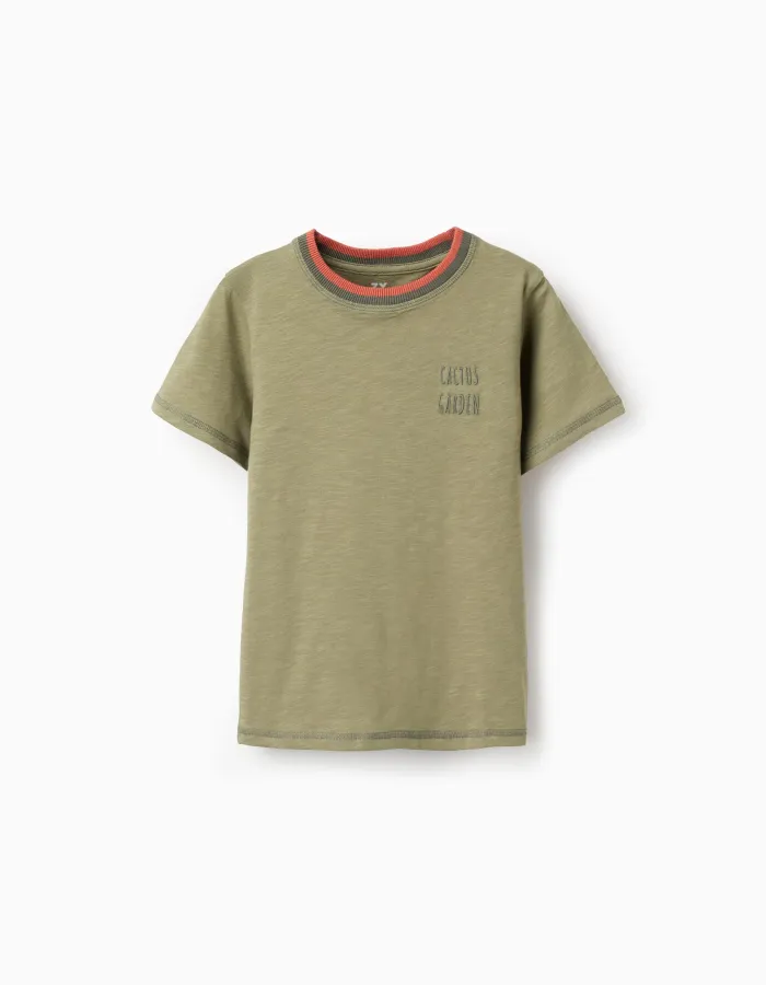 Cotton T-shirt with Cactus Garden embroidery for boys, dark green