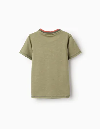 Cotton T-shirt with Cactus Garden embroidery for boys, dark green