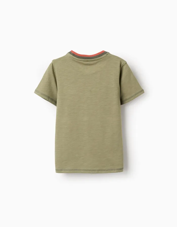 Cotton T-shirt with Cactus Garden embroidery for boys, dark green