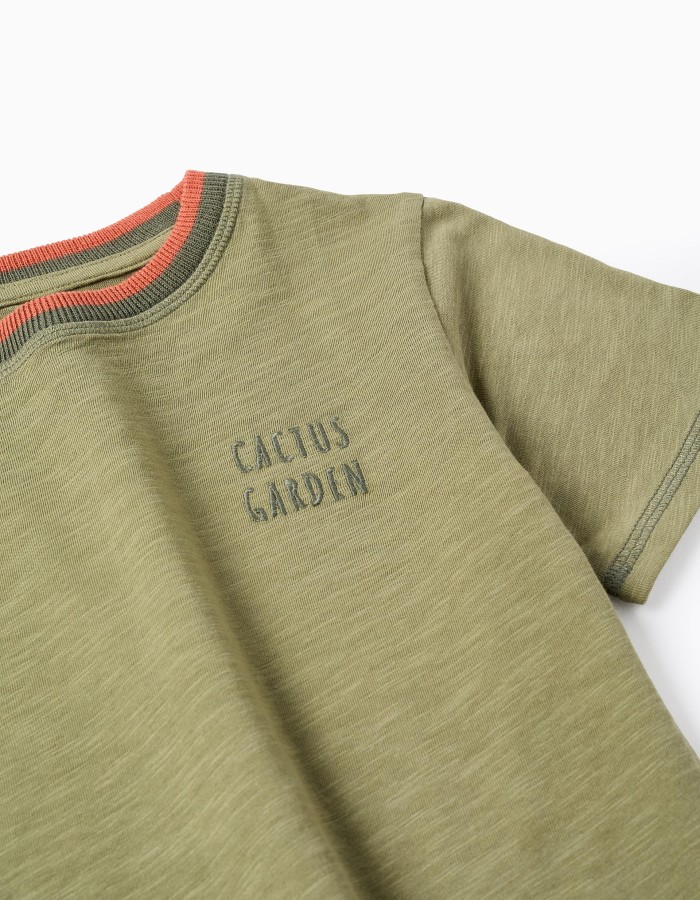 Cotton T-shirt with Cactus Garden embroidery for boys, dark green
