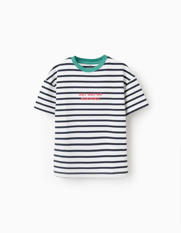 Striped cotton T-shirt with print for boys, white/blue/green