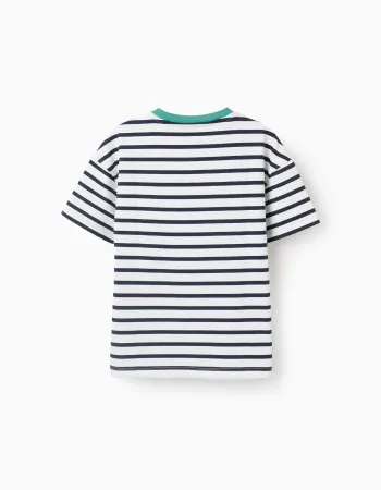 Striped cotton T-shirt with print for boys, white/blue/green
