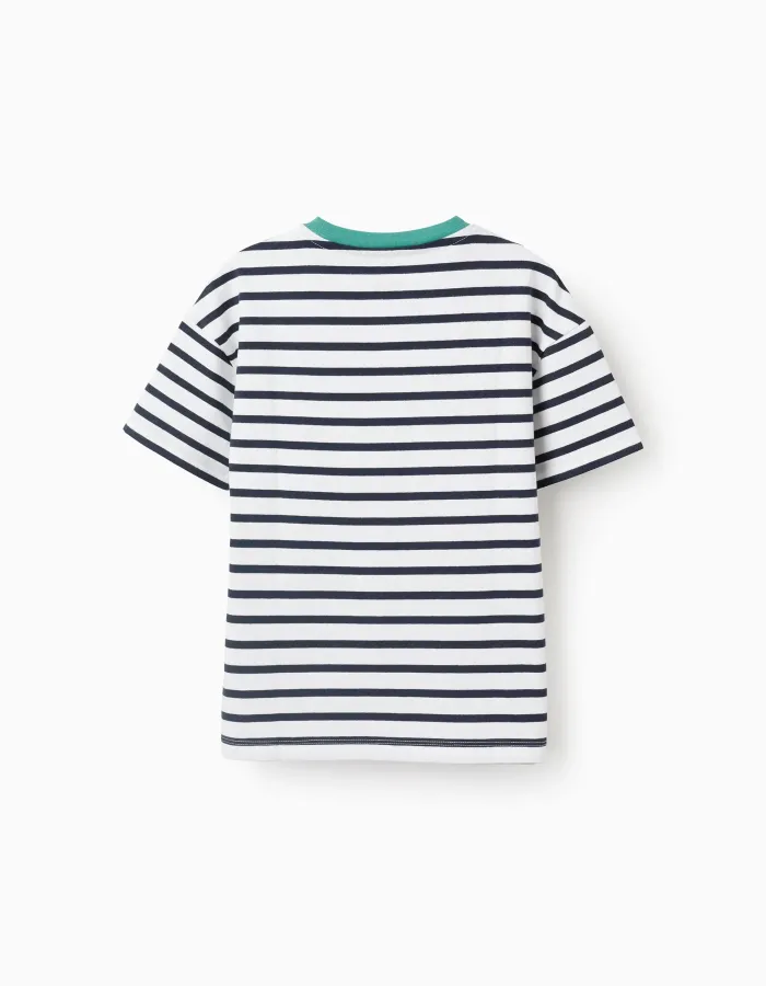 Striped cotton T-shirt with print for boys, white/blue/green
