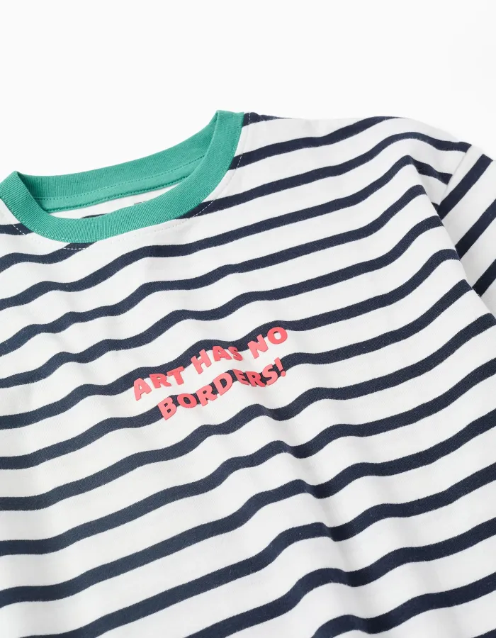 Striped cotton T-shirt with print for boys, white/blue/green