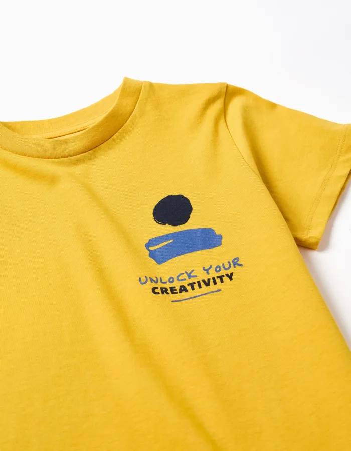Cotton T-shirt with Creativity print for boys, mustard yellow