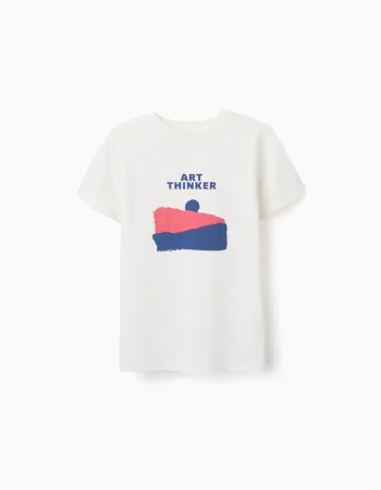 Cotton T-shirt with Art Thinker front print for boys, white