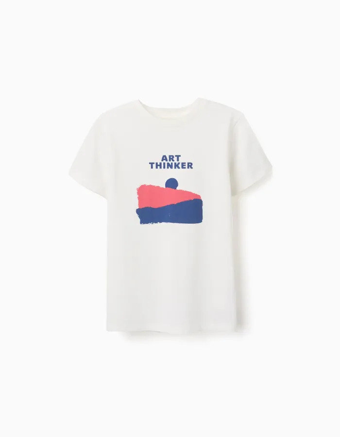 Cotton T-shirt with Art Thinker front print for boys, white
