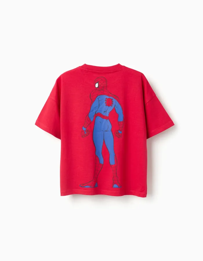 Cotton T-shirt with Spider-Man front and back prints for boys, red