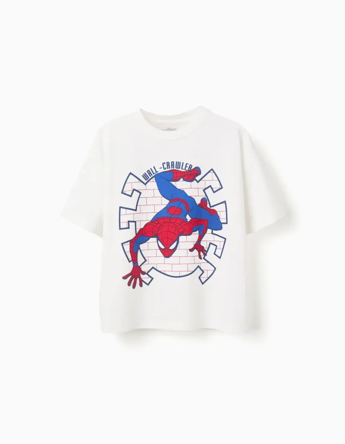 Cotton T-shirt with Spider-Man front print for boys, white