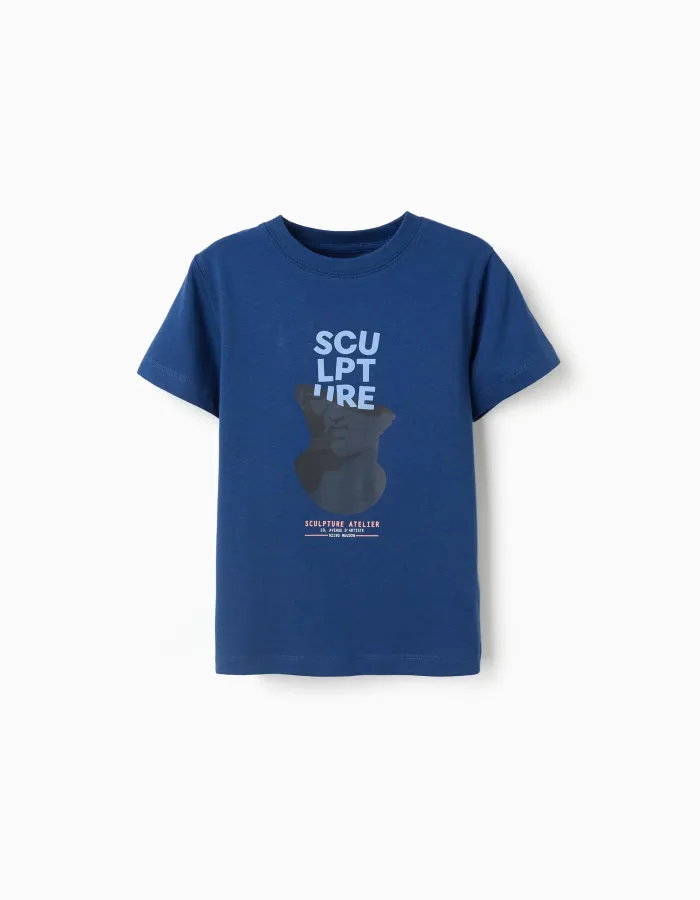 Cotton T-shirt with Sculpture front print for boys, blue