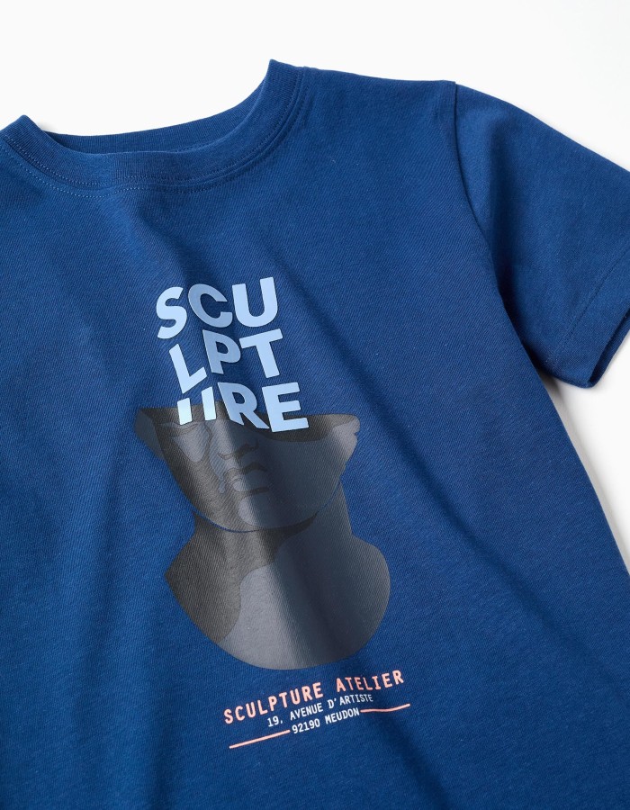 Cotton T-shirt with Sculpture front print for boys, blue