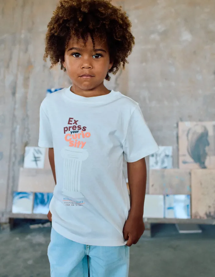 Cotton T-shirt with Curiosity front print for boys, white