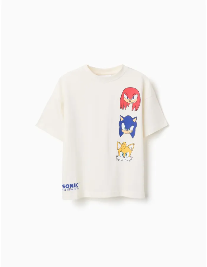 Cotton T-shirt with Sonic & Friends prints for boys, white