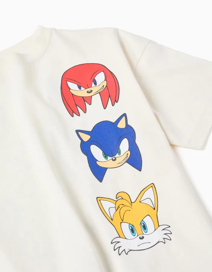 Cotton T-shirt with Sonic & Friends prints for boys, white