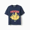 Cotton T-shirt with Pikachu front print for boys, dark blue