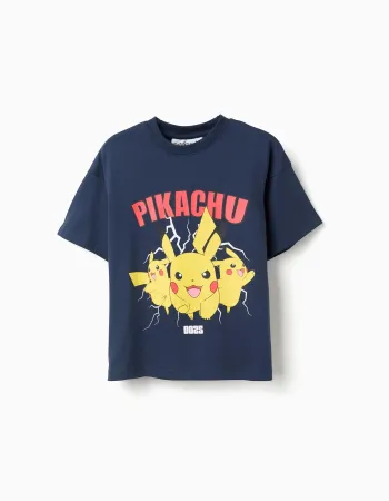 Cotton T-shirt with Pikachu front print for boys, dark blue