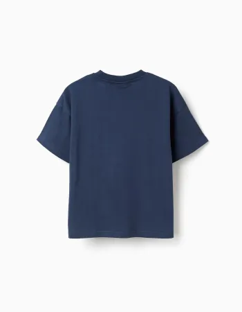 Cotton T-shirt with Pikachu front print for boys, dark blue