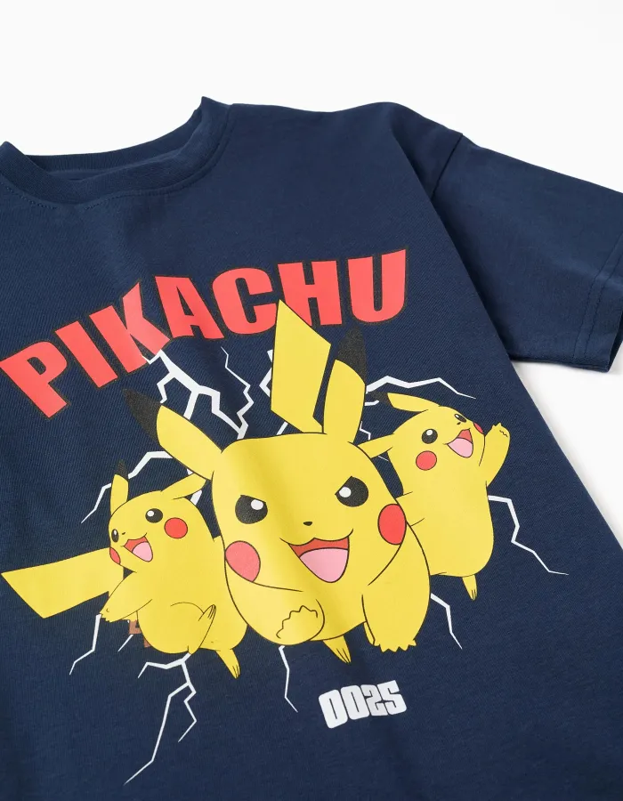 Cotton T-shirt with Pikachu front print for boys, dark blue