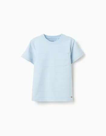 Cotton T-shirt with embossed lines and pocket for boys, light blue